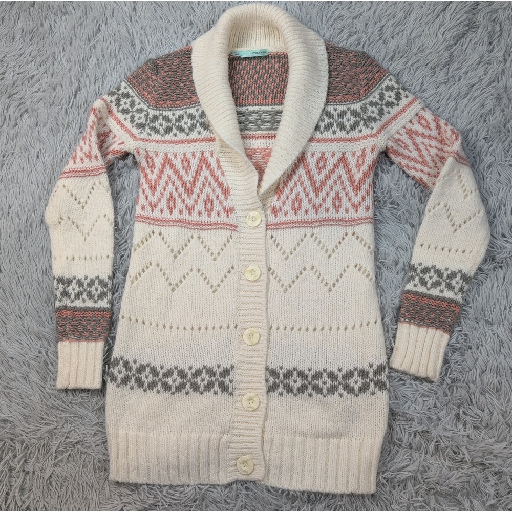 Maurices Sweater Womens S Cream Cardigan Fair Isle Wool Blend Button Up